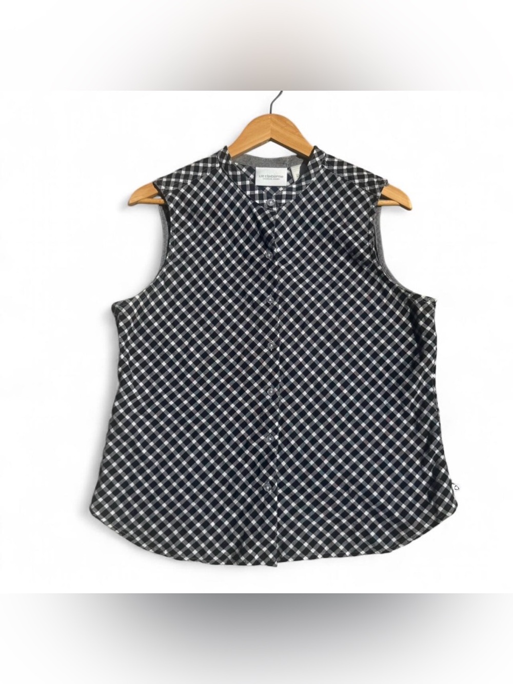 Liz Claiborne Black and White Sleeveless Gingham Button-Down Top 90s Size Large